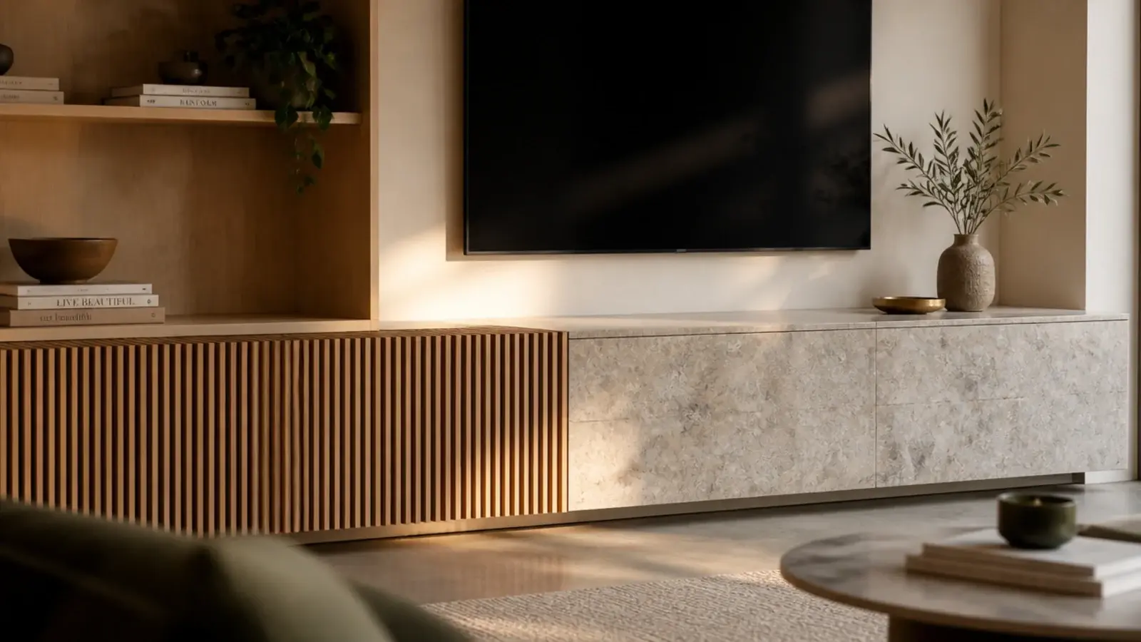 entertainment unit styles compared with slatted doors and open shelving