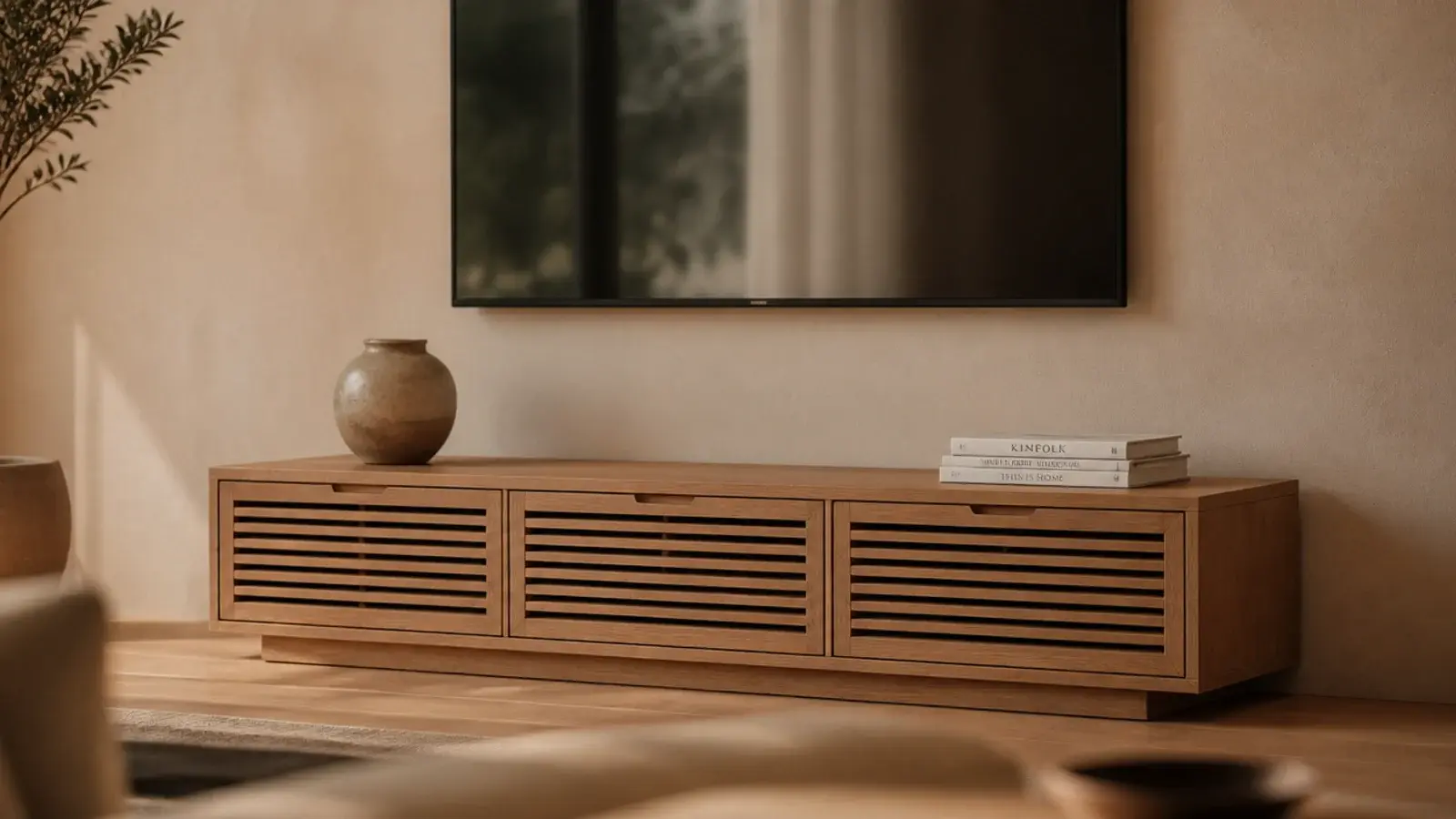 styled TV unit decor with closed doors hiding cables below a mounted screen