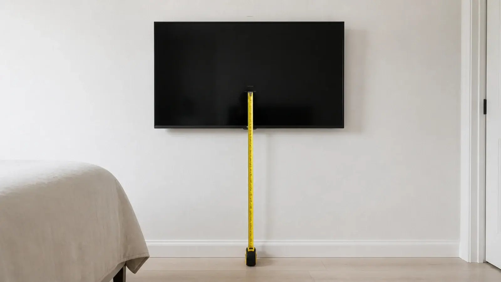tape measure running from a bedroom floor to a mounted screen centre