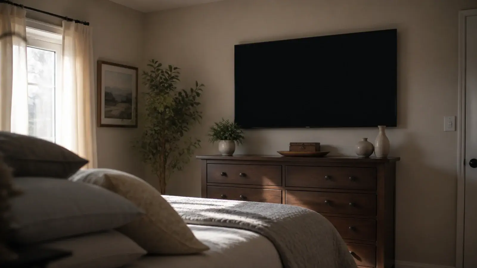 screen mounted noticeably higher than living room height above a dresser