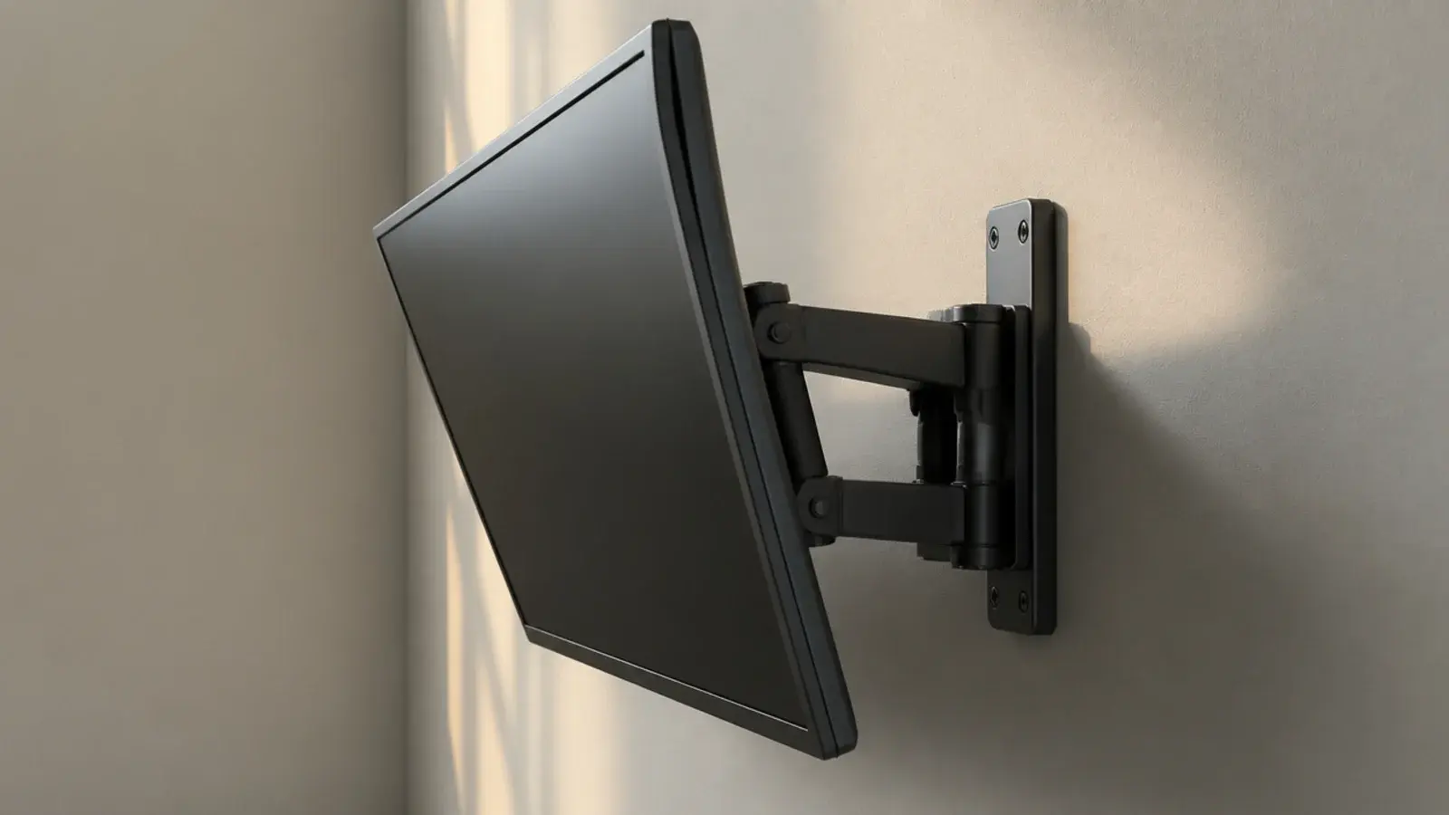wall bracket angling a bedroom screen downward toward the bed