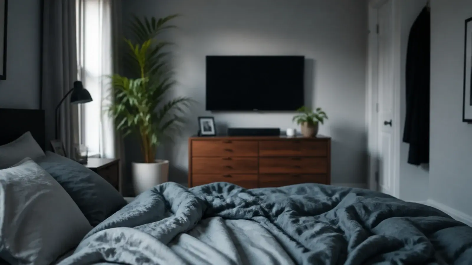 television facing a bed from the wall directly beyond its footboard