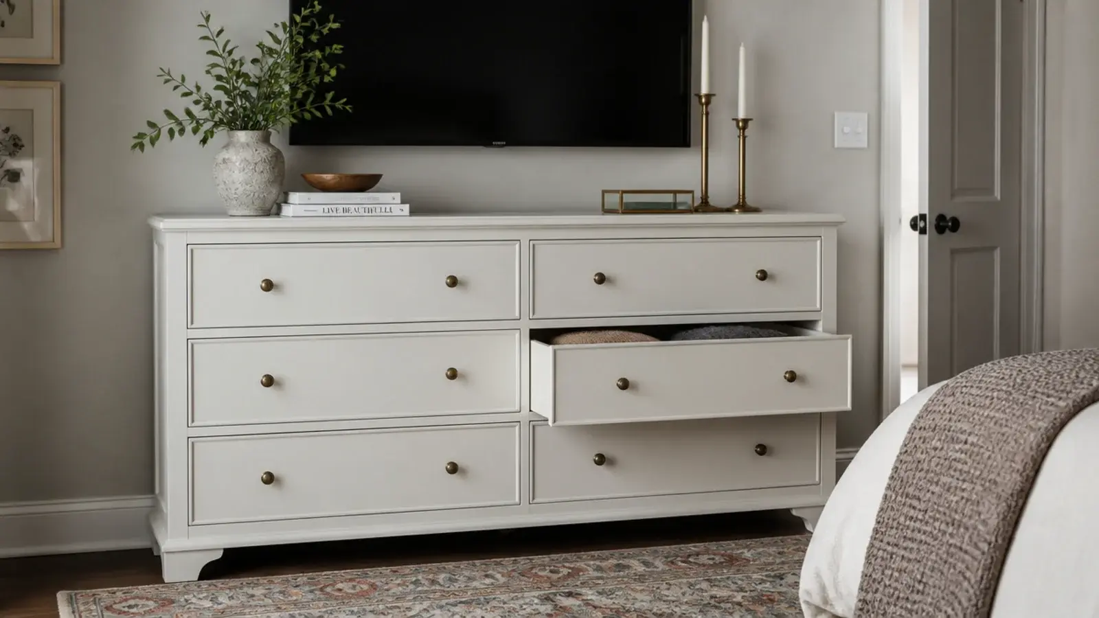 wide bedroom dresser carrying a screen above and clothing storage below