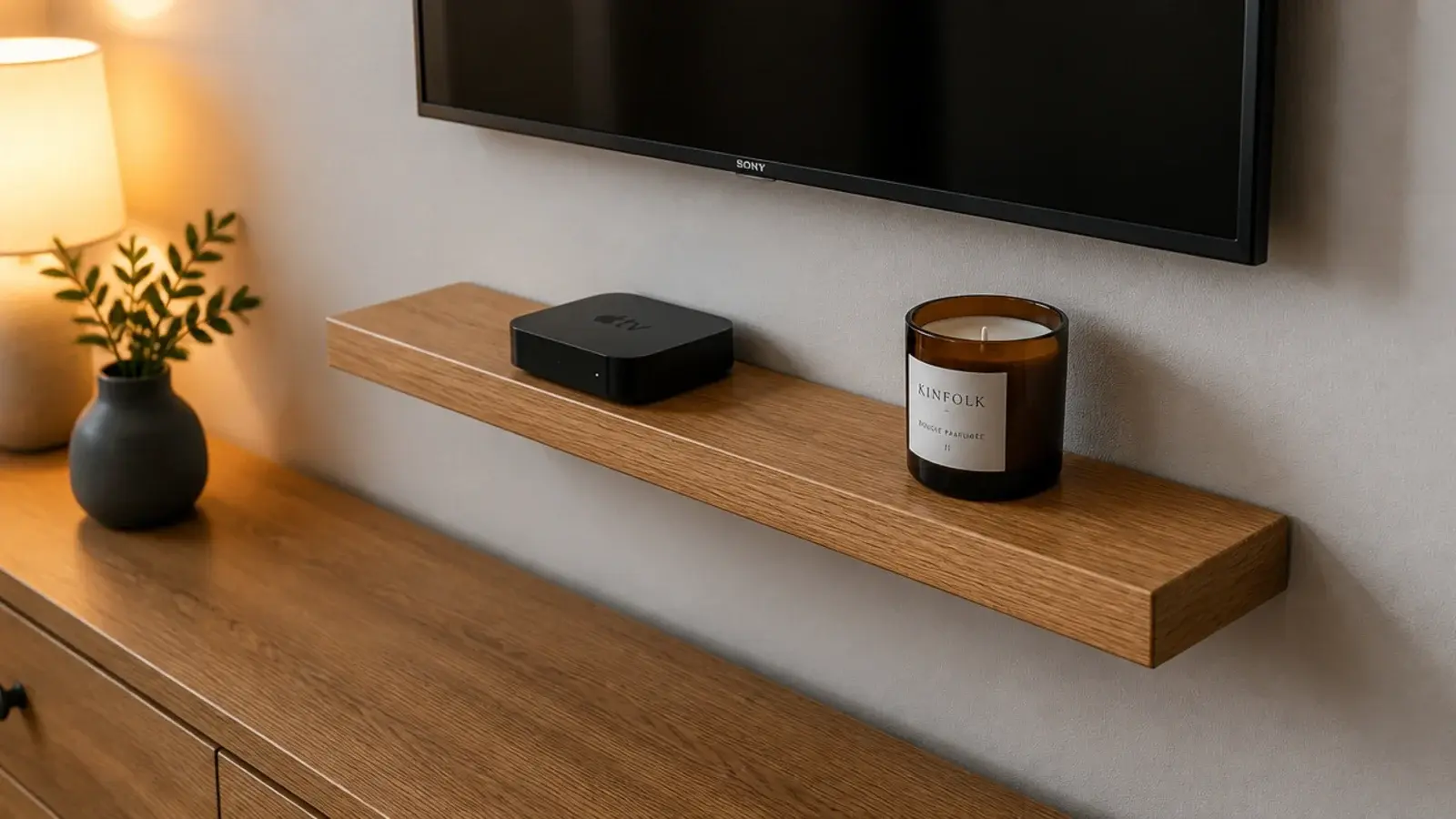 slim floating shelf fixed between a bedroom chest and a mounted screen