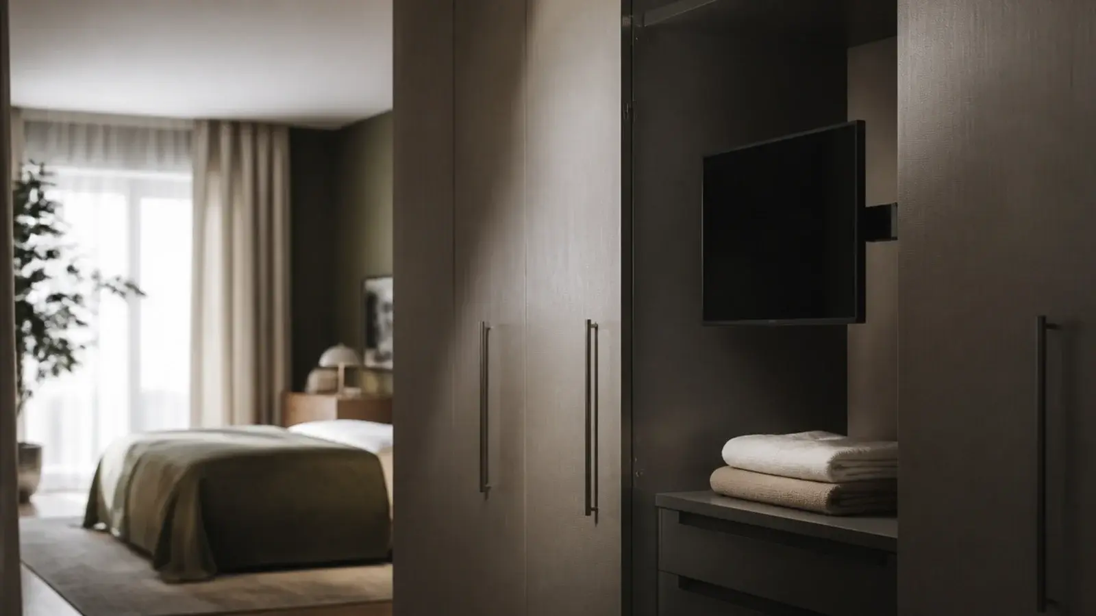 television revealed inside an opened wardrobe bay in a bedroom