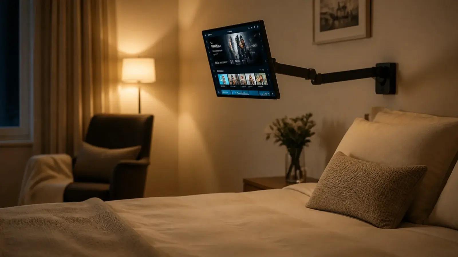 screen on a swing arm pulled out from a bedroom side wall