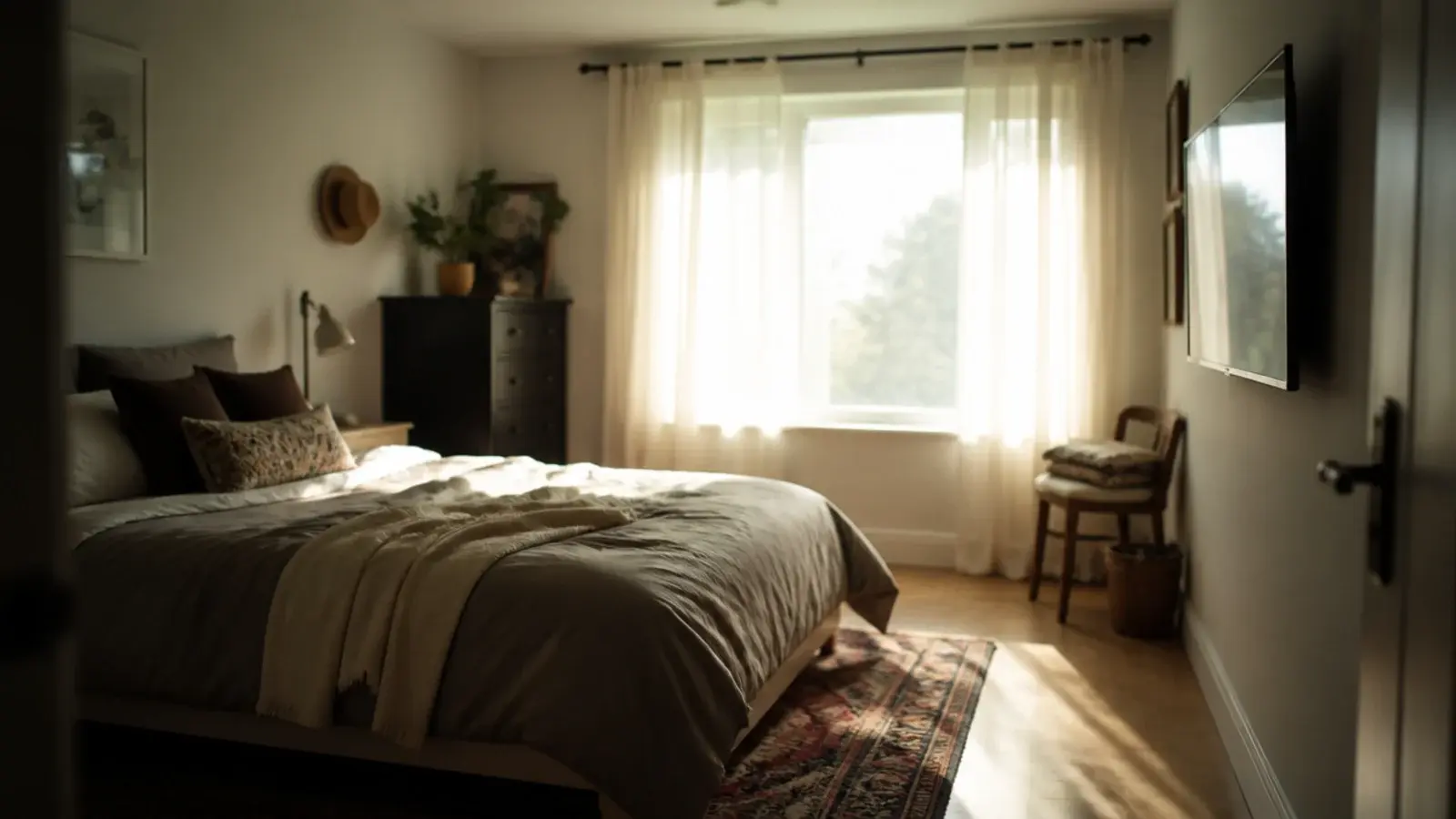 bedroom screen mounted on a wall away from the bright window