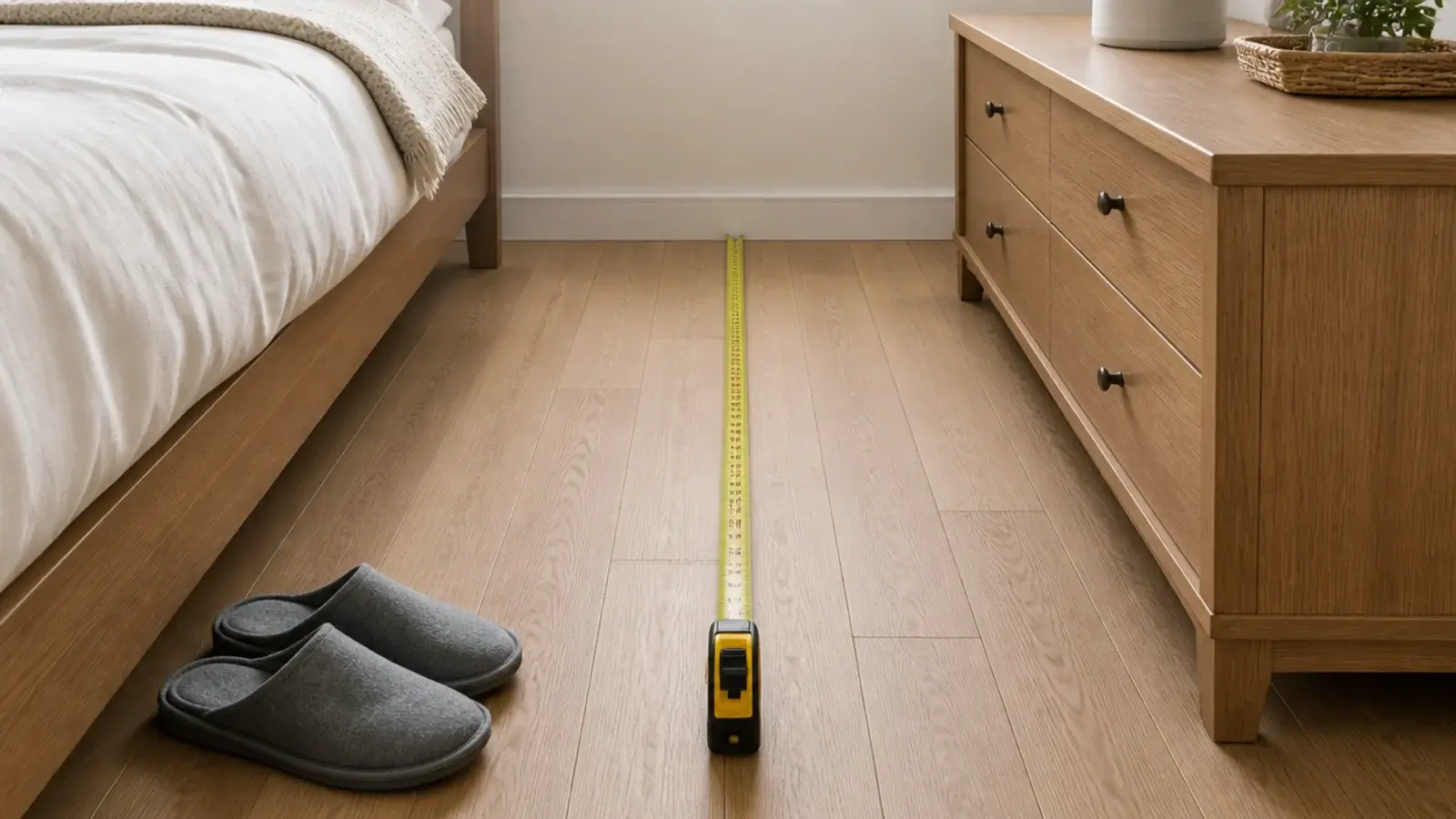 clear walking route measured between a bed side and a media chest