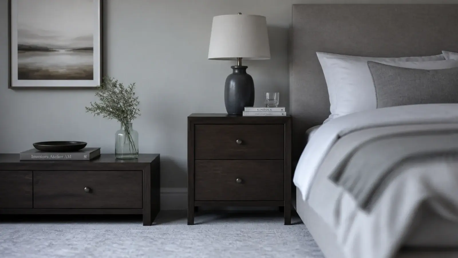 low media chest sitting below the height of a nearby bedside table