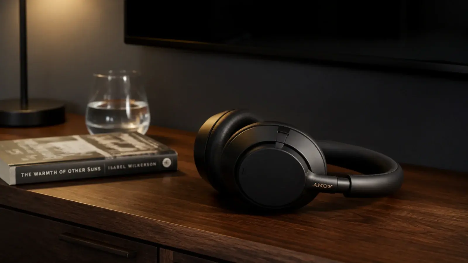 wireless headphones resting on a bedroom media chest beside a book
