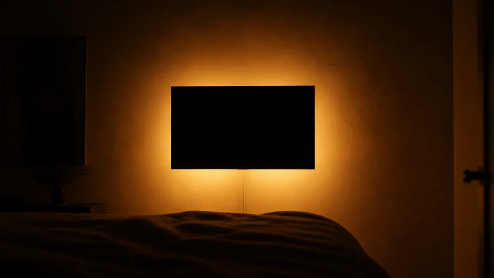 soft amber glow behind a bedroom screen in a darkened room