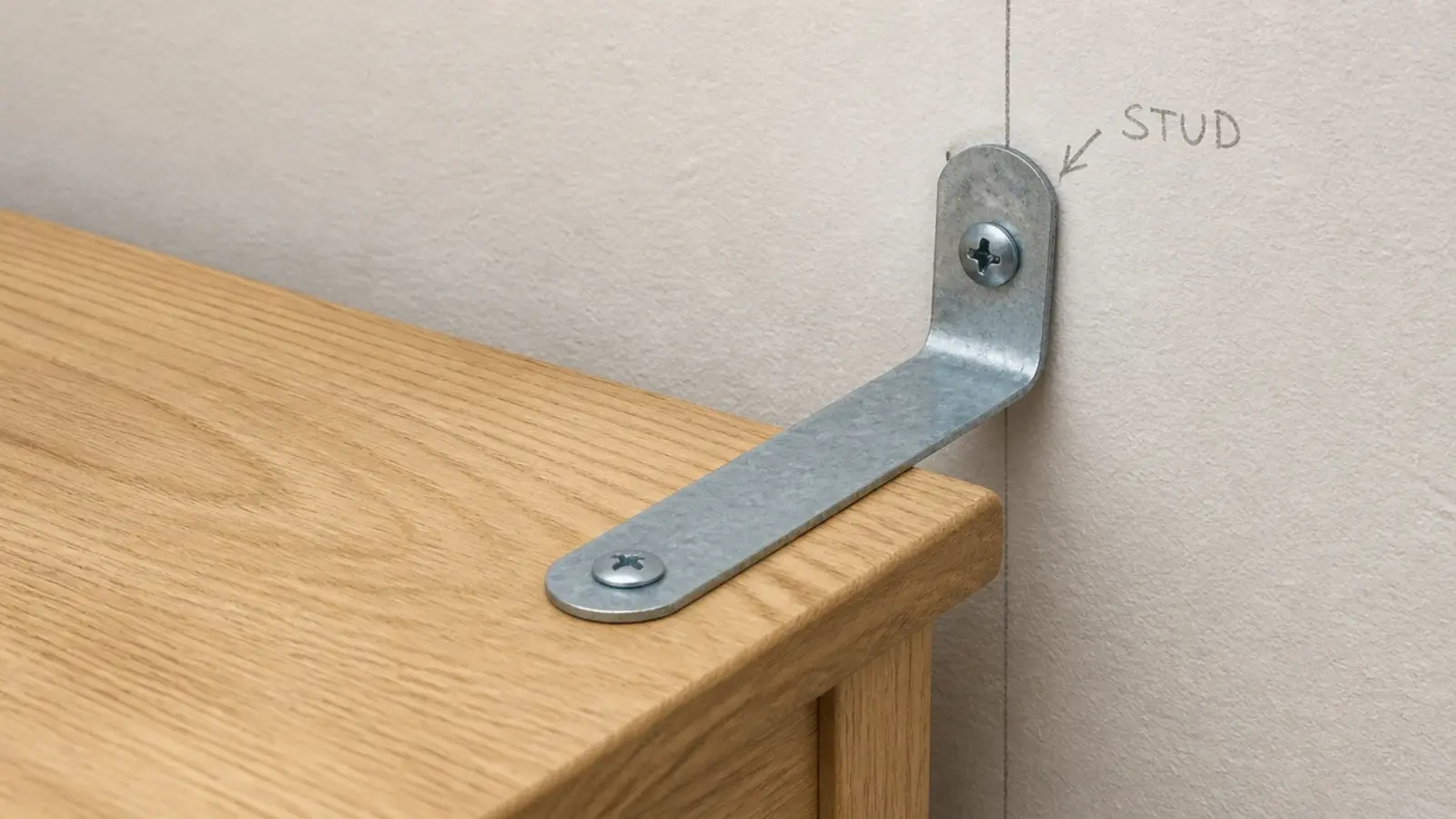 anti tip strap fixed from a bedroom chest into the wall behind
