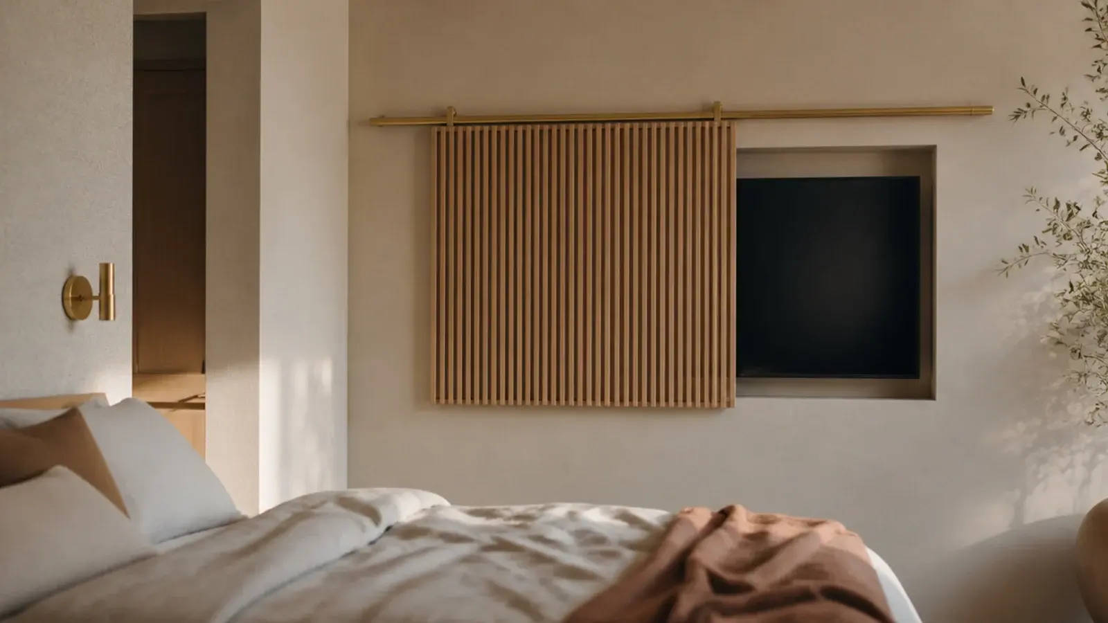 sliding timber panel drawn across to conceal a bedroom television