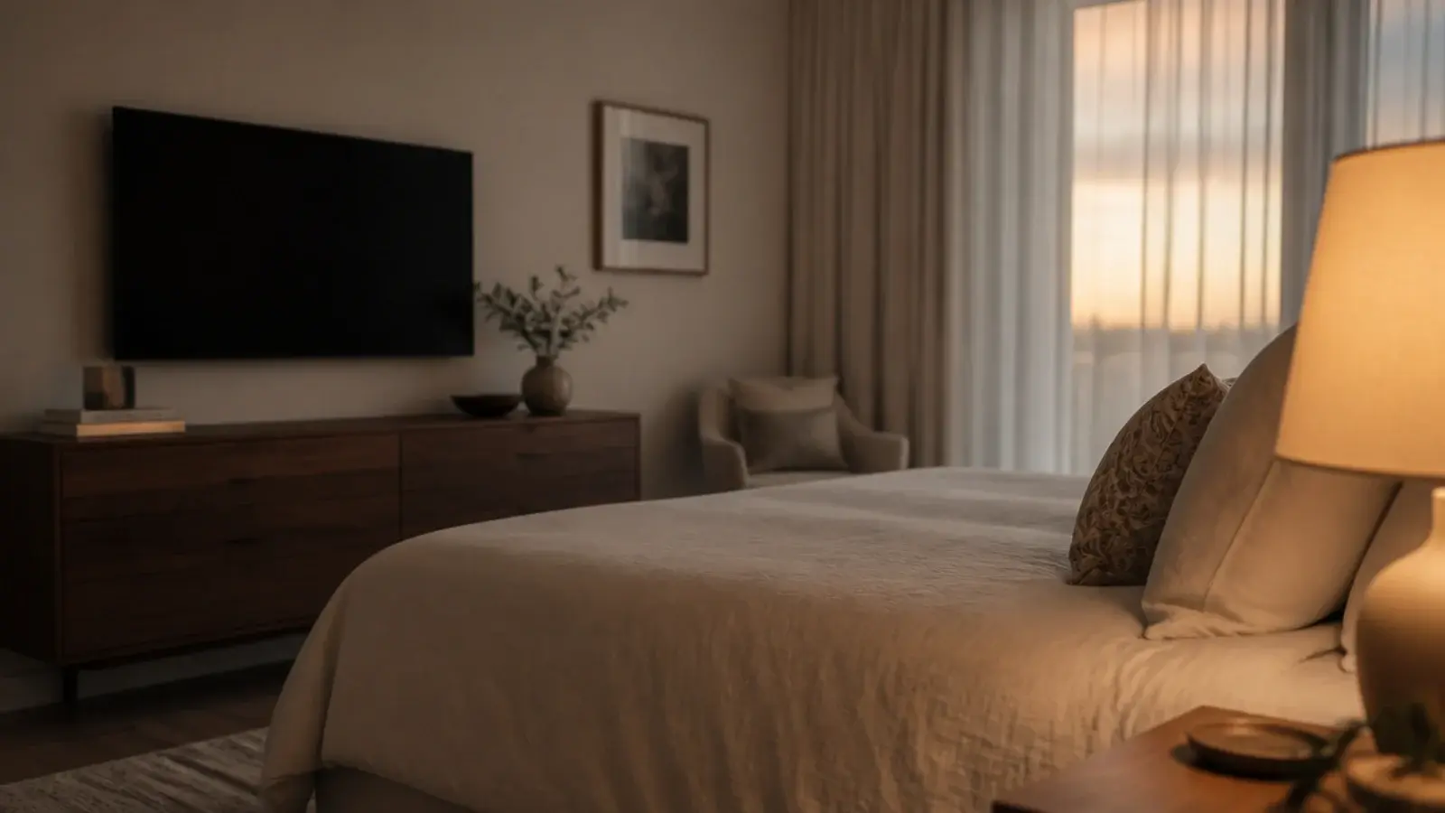 bedroom TV unit with a screen mounted above a low dresser facing the bed