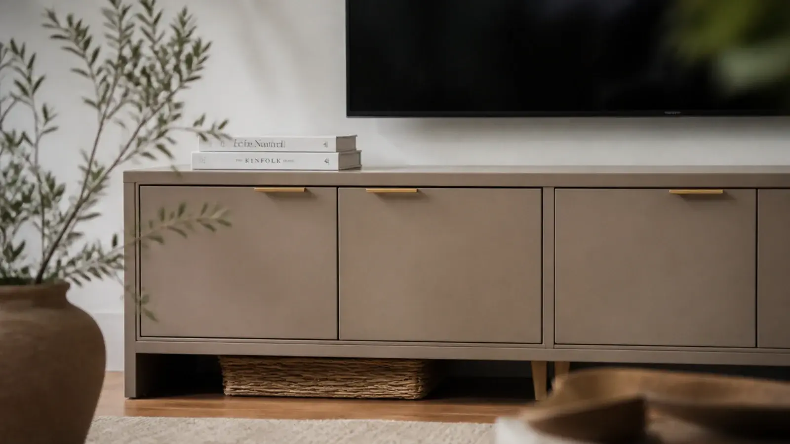 budget TV unit decor ideas with a repainted cabinet and new brass pulls
