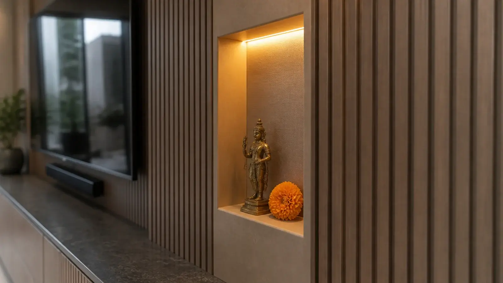 shallow lit niche at the end of a media wall holding a small idol