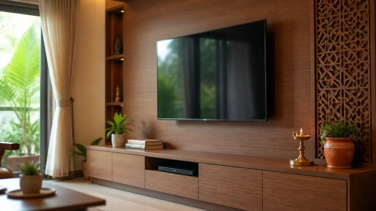 Indian home TV unit in teak laminate with jaali panel and brass accents