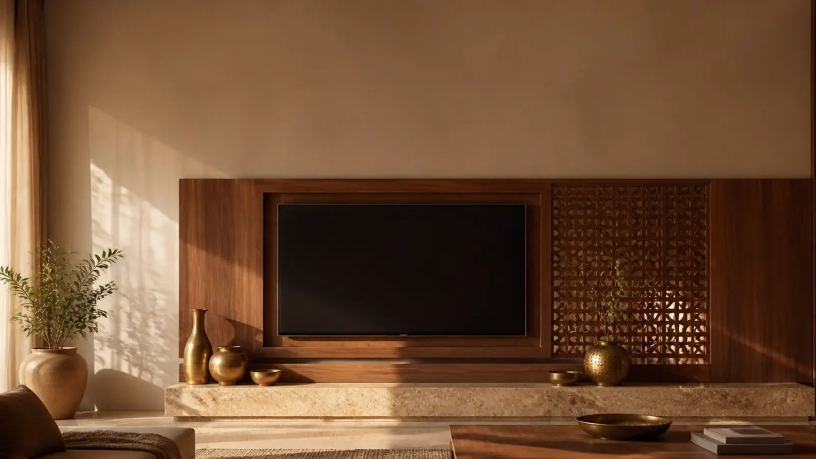 tall Indian home TV unit view with jaali panel brass pots and stone ledge