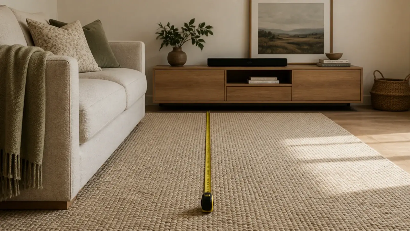 tape measure running across a rug from sofa to a media unit