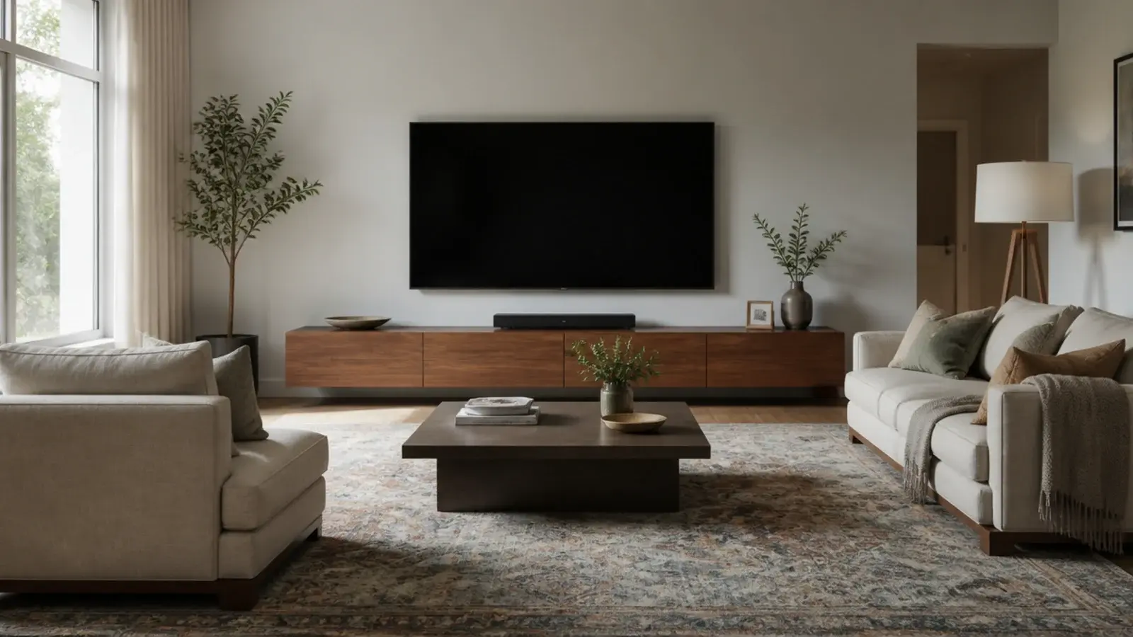 linen sofa positioned a full room width back from a large screen