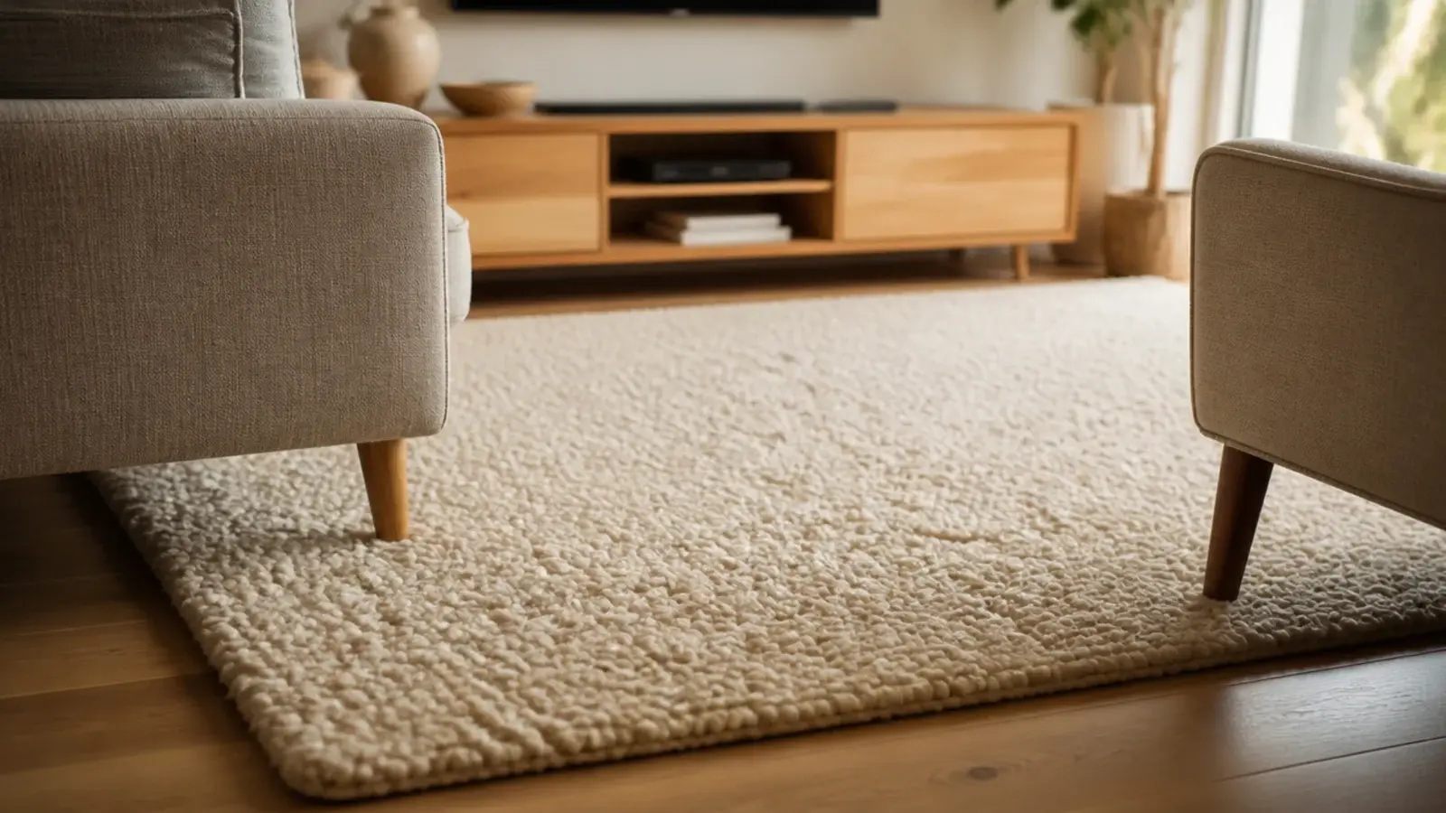 thick wool rug running beneath the front legs of a living room sofa