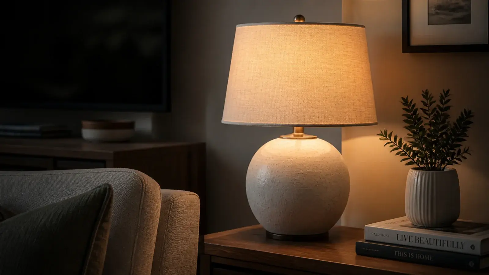 ceramic table lamp glowing warmly in the corner of a living room