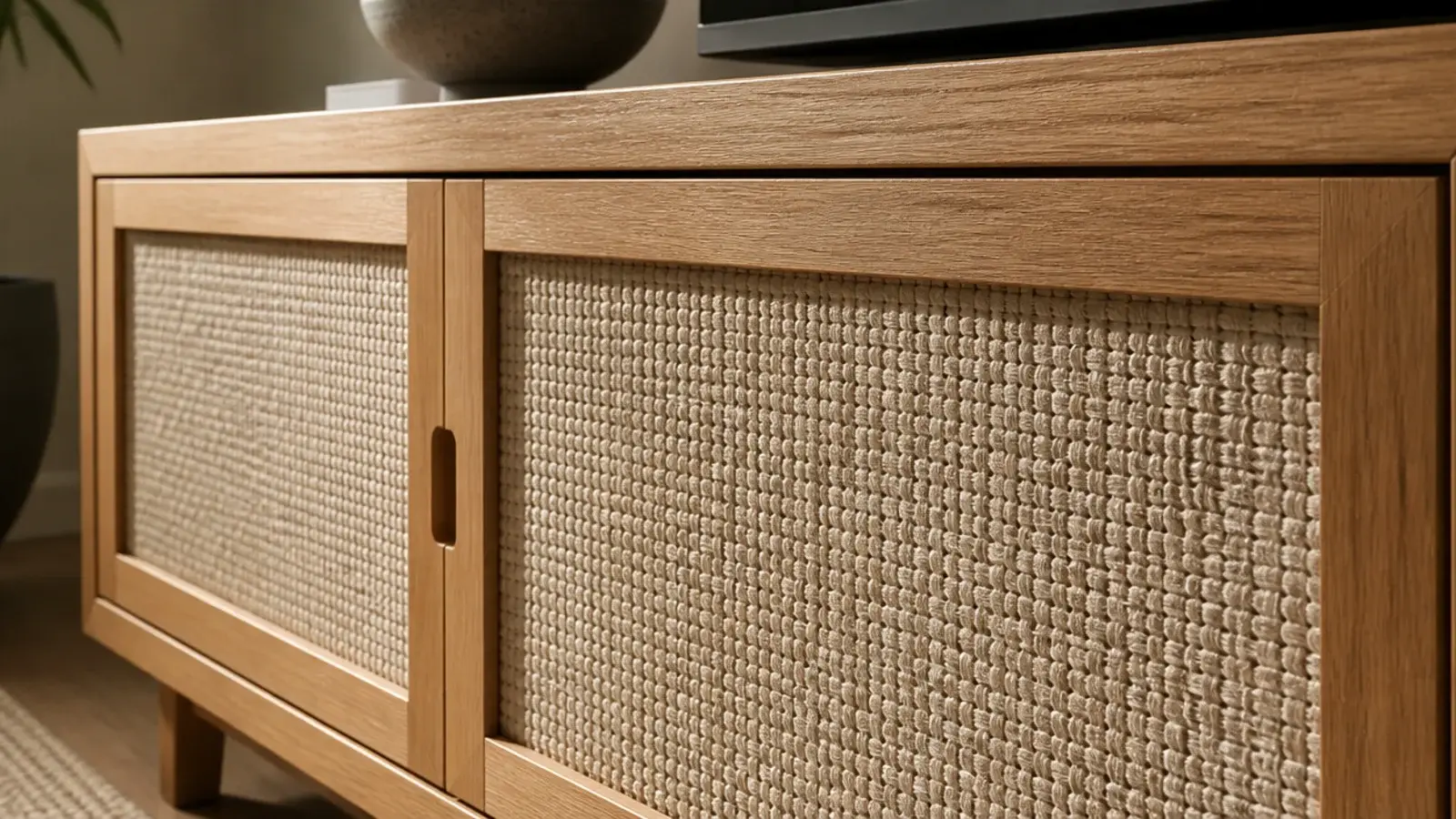 media cabinet with woven fabric door panels below a mounted screen
