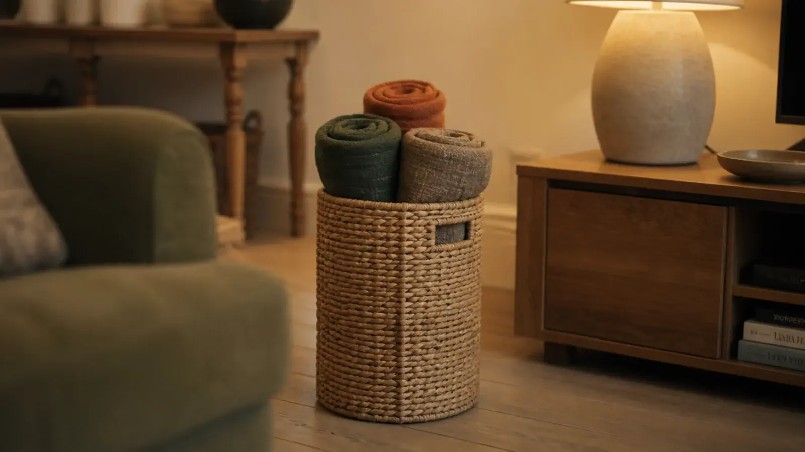 tall woven basket of folded blankets standing beside a media unit