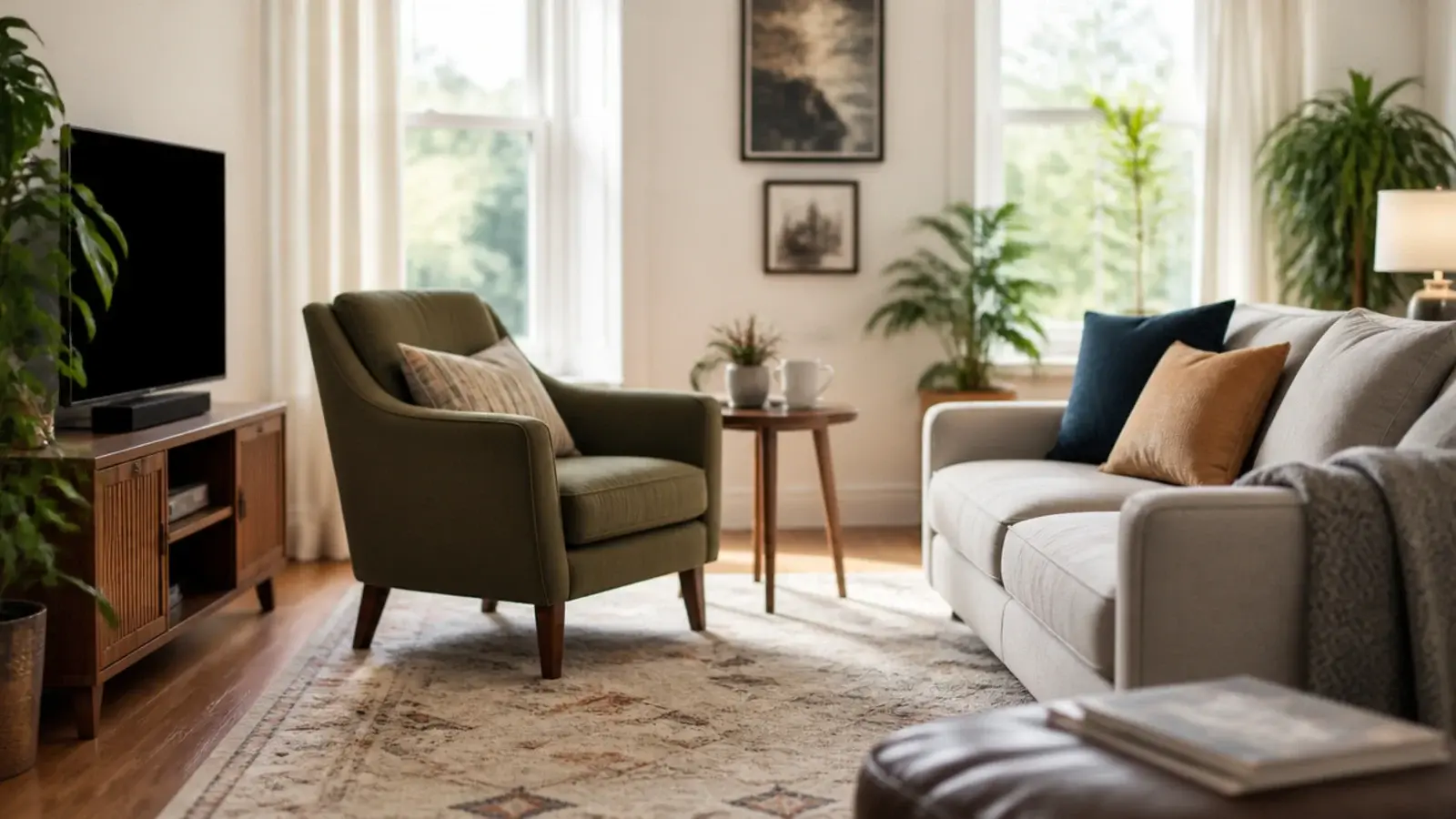 armchair angled toward a sofa rather than square to the screen