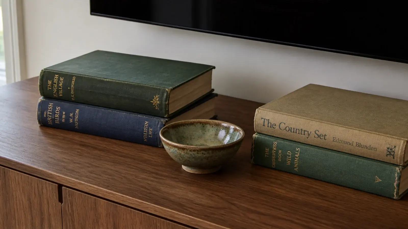 stack of hardback books and a ceramic bowl on a media cabinet top
