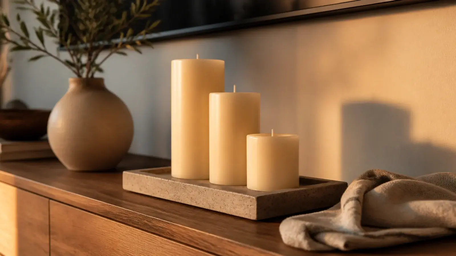 three pillar candles of different heights grouped on a media unit