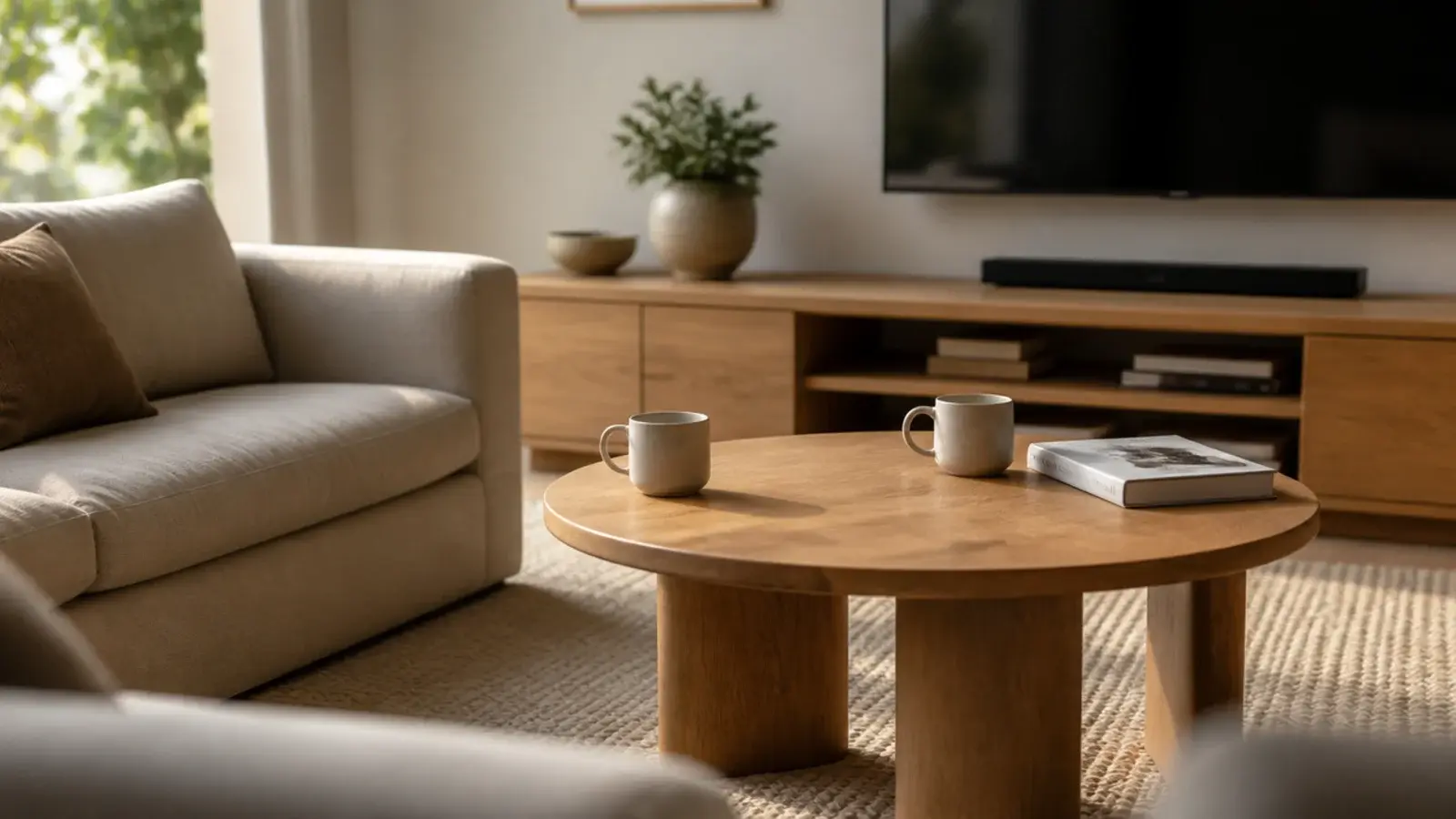 round wooden coffee table set close in front of a linen sofa