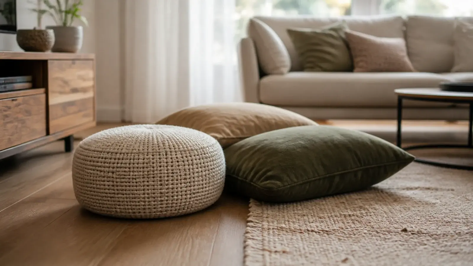 low pouffe and floor cushions gathered near a living room rug edge