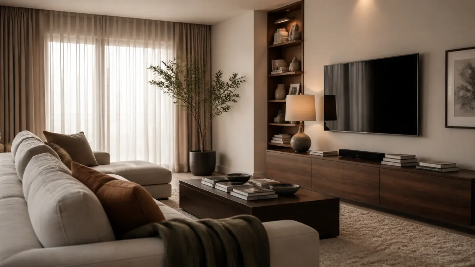 rug curtains and upholstered seating absorbing sound in a living room