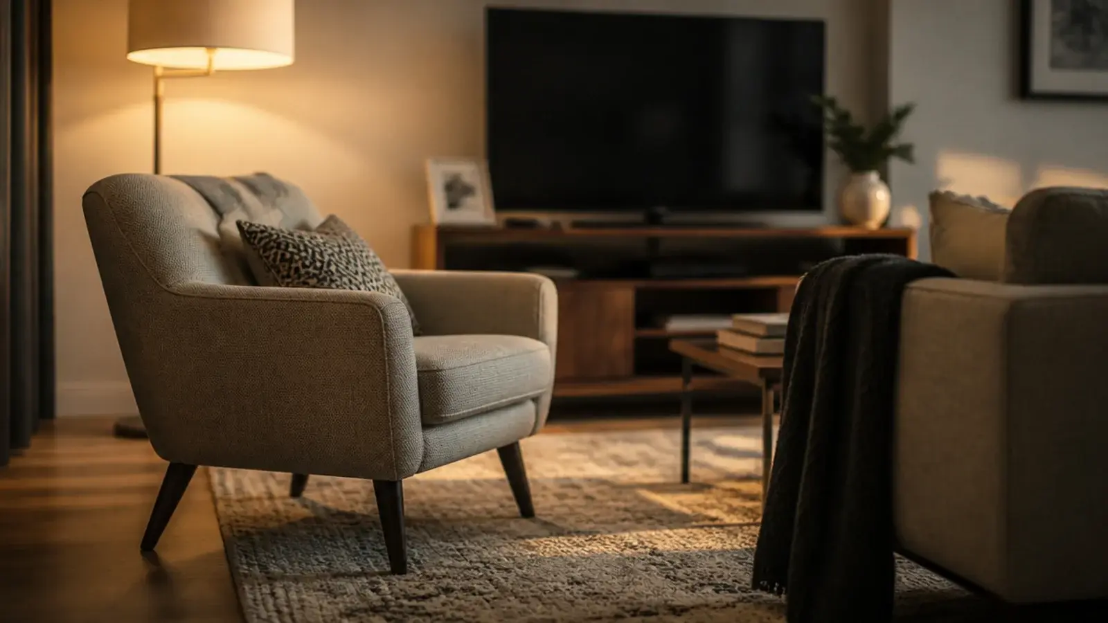 single armchair turned at an angle beside a sofa facing a screen