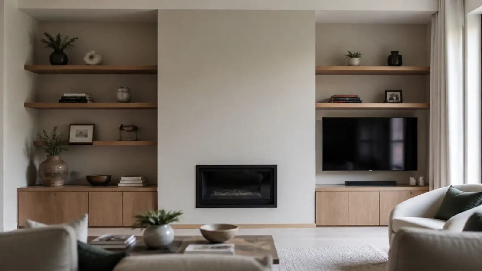 television placed to one side of a central fireplace in an alcove
