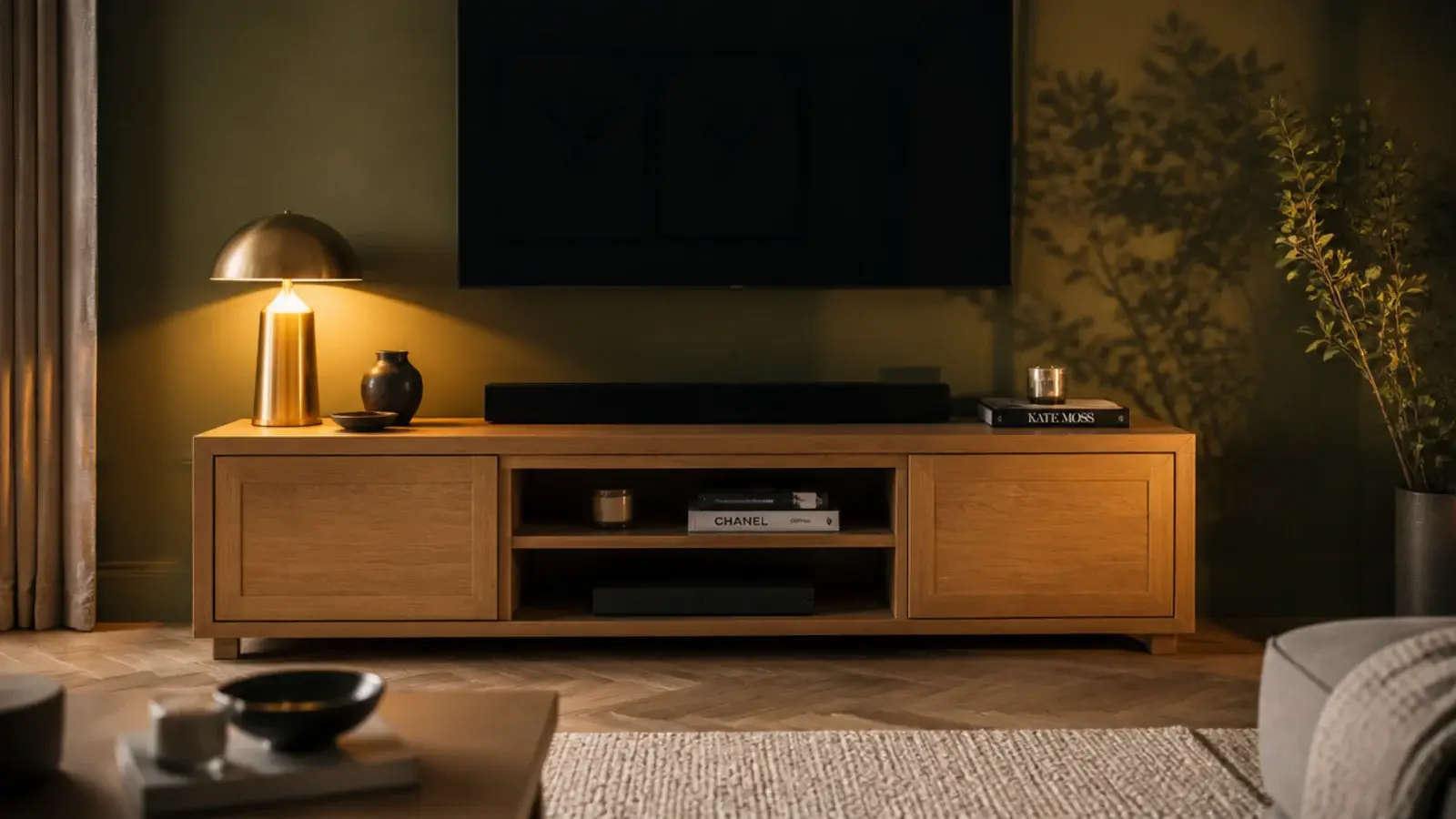 honey toned wooden unit standing against a deep green painted wall