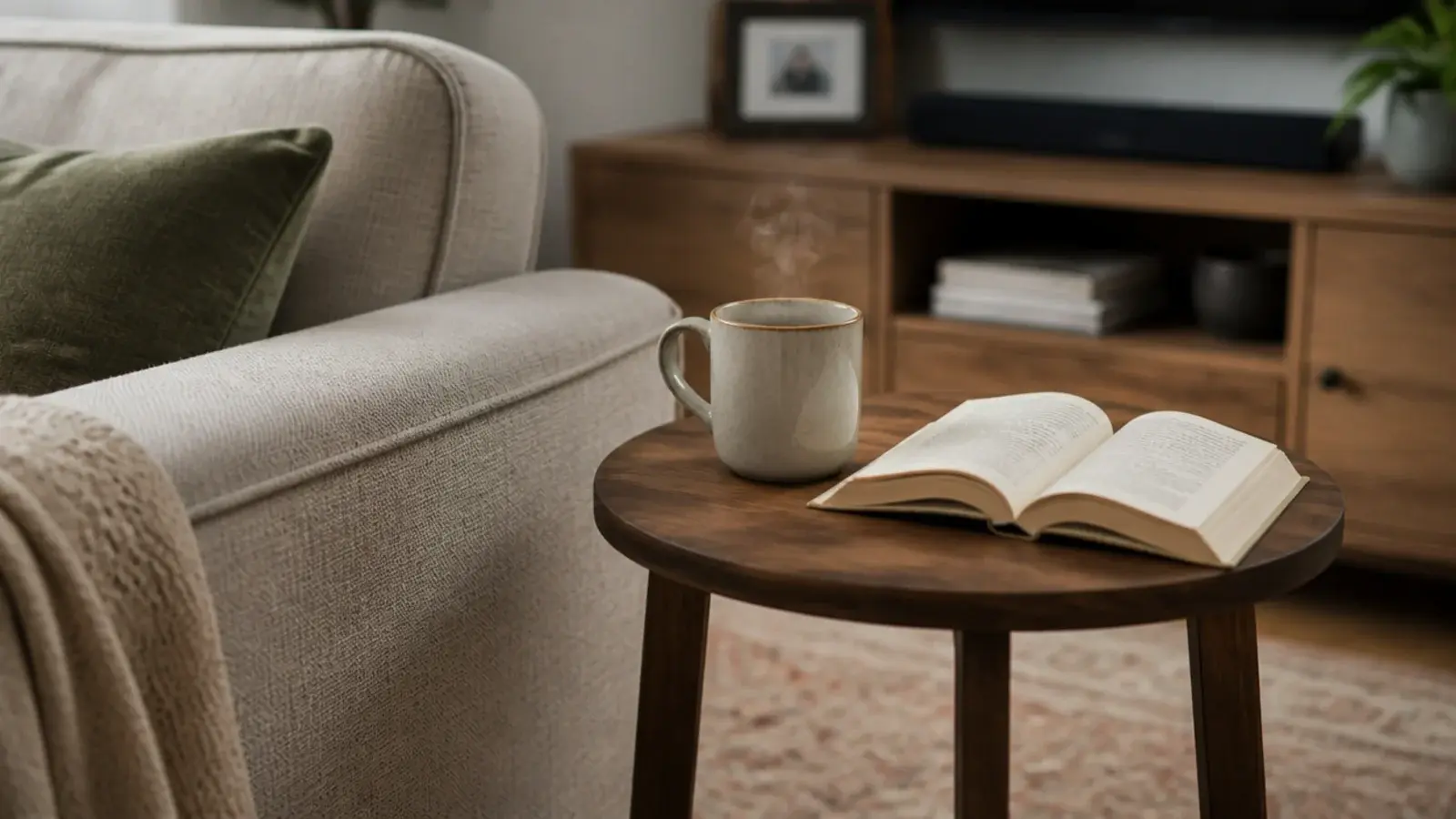 small side table level with a sofa arm holding a mug and book