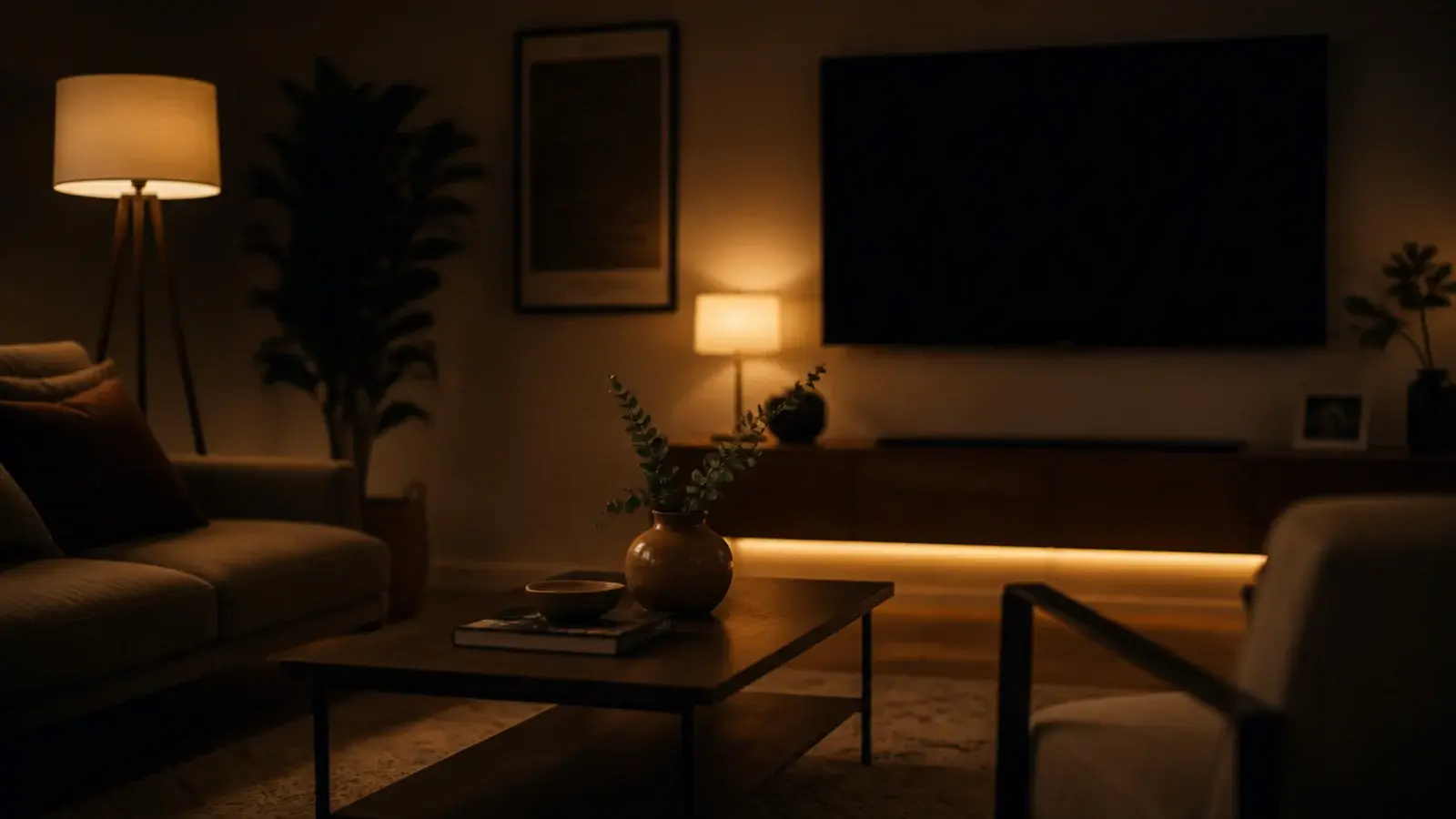 living room lit by three separate warm lamps at different heights