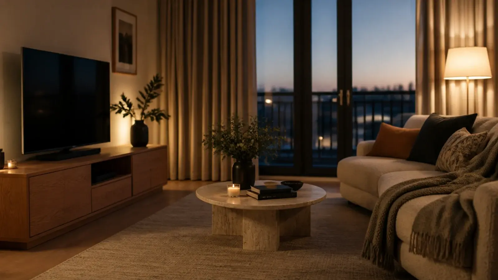 cozy TV unit decor living room with warm lamps and a wool rug