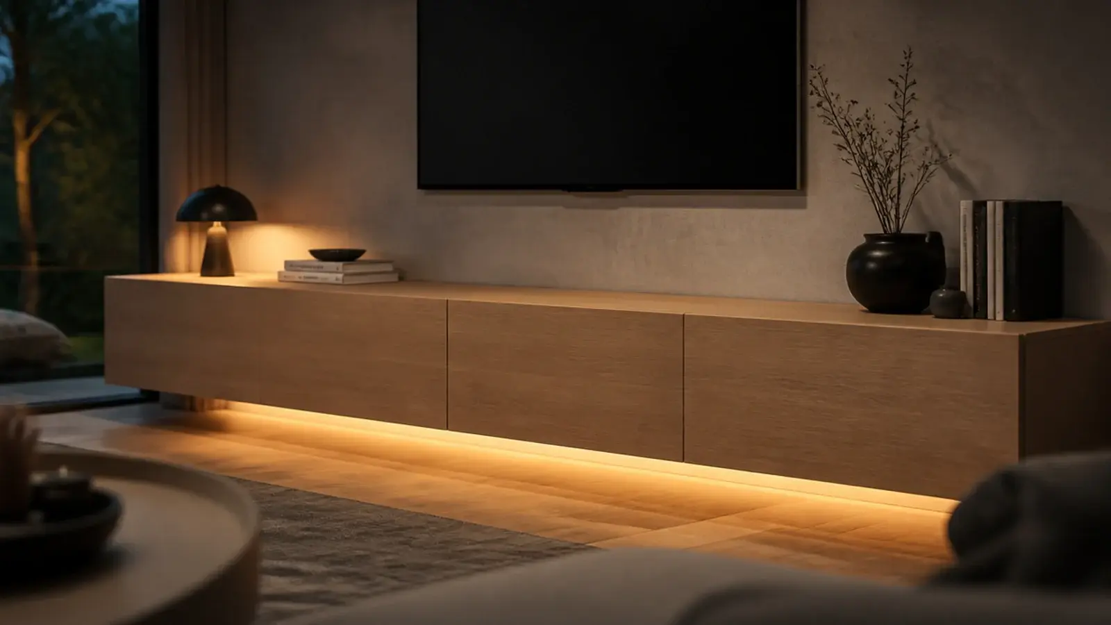 modern floating TV unit in matte oak with handleless fronts and hidden lighting