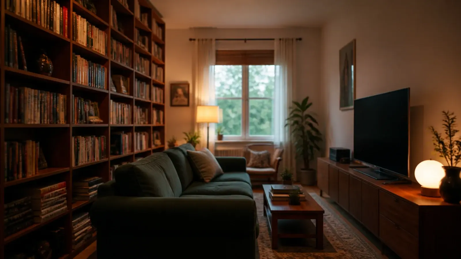 tall bookcase on the wall facing a television balancing the room