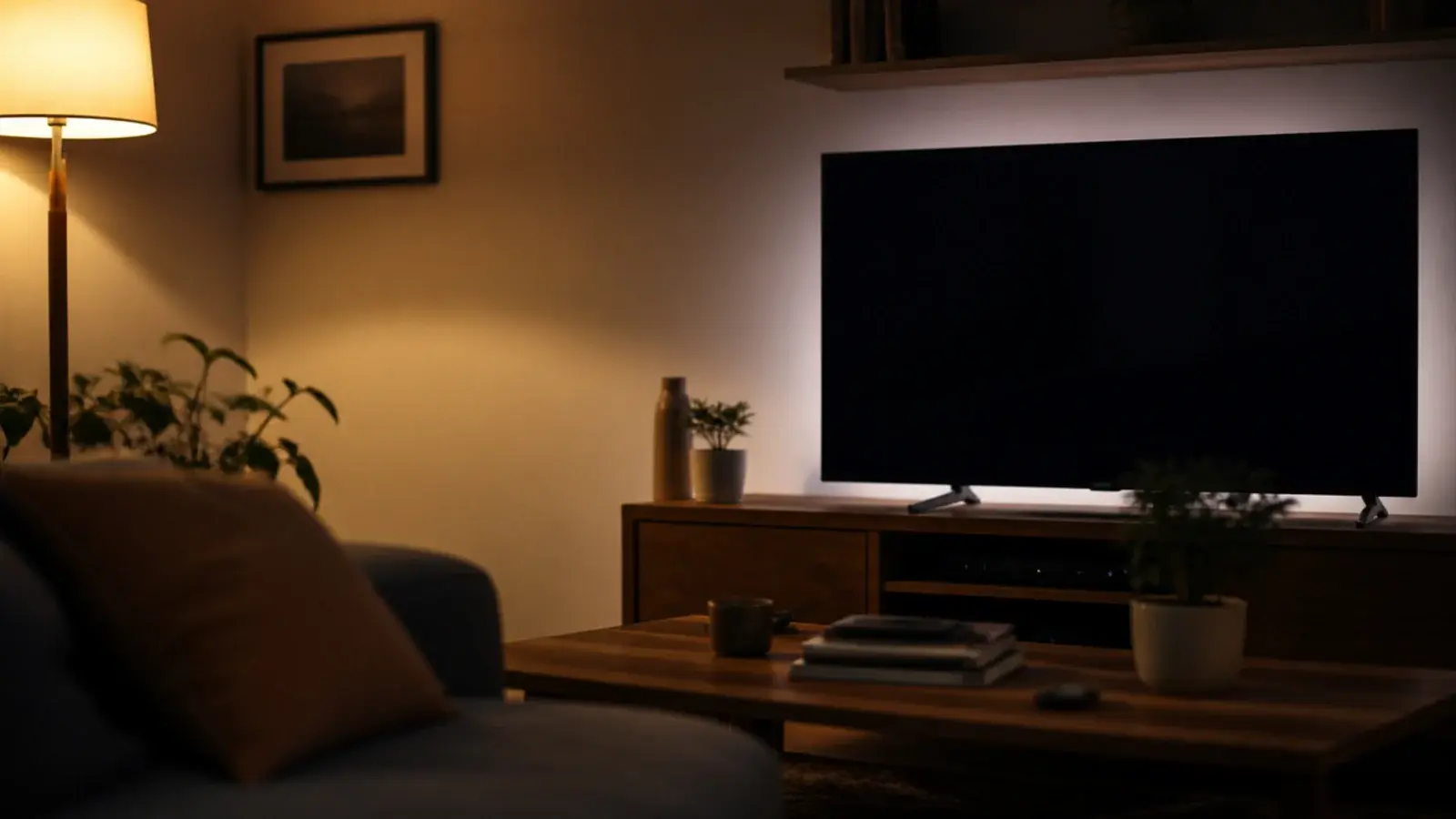 living room lit by a floor lamp wall wash and hidden bias lighting