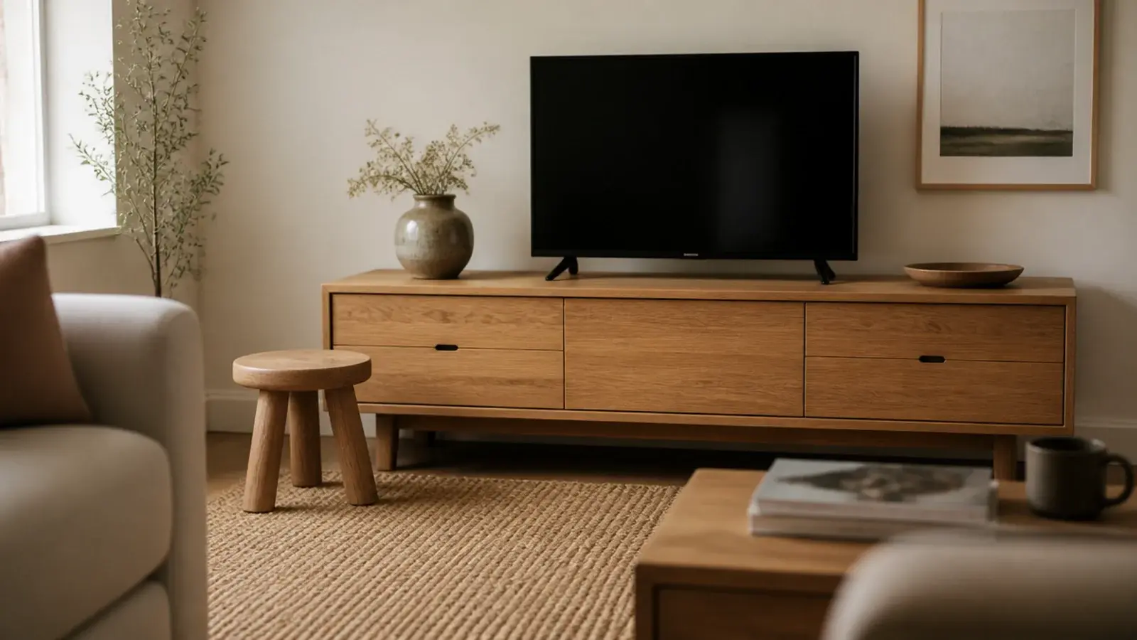 oak media unit echoed by an oak stool and picture frame nearby