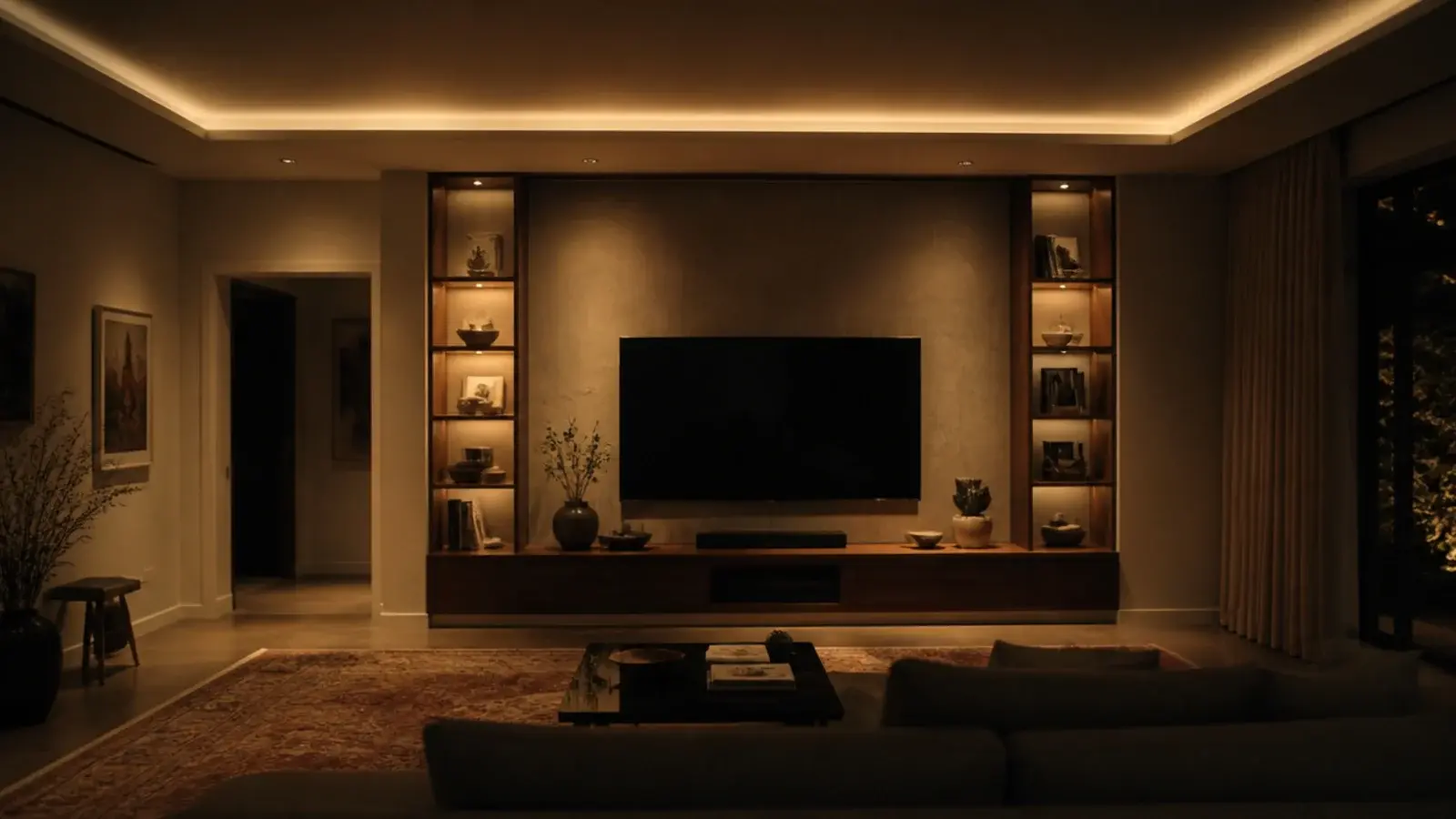 living room where ceiling wash and floor rug frame a media wall
