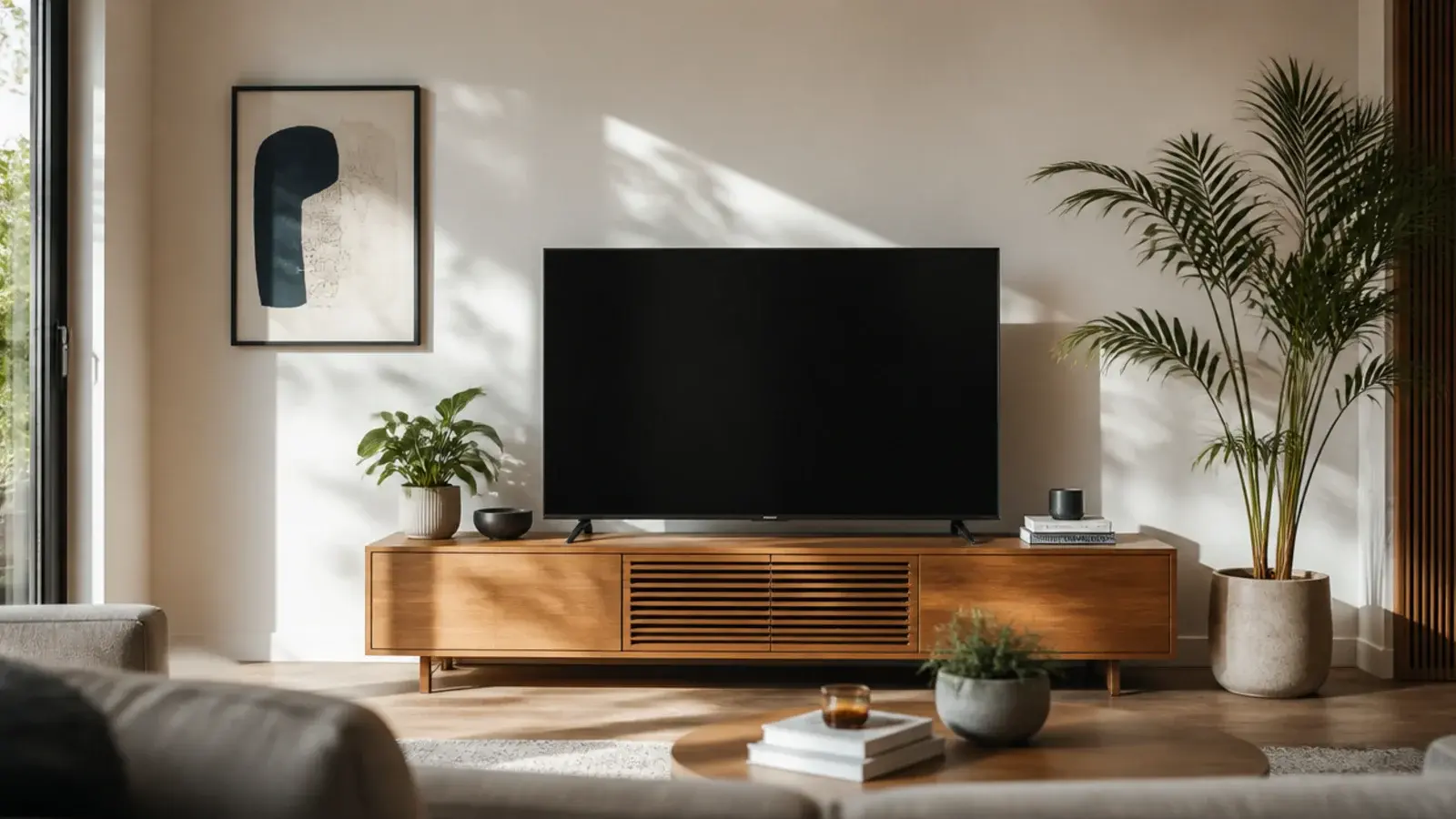 living room composition photographed with the television turned off