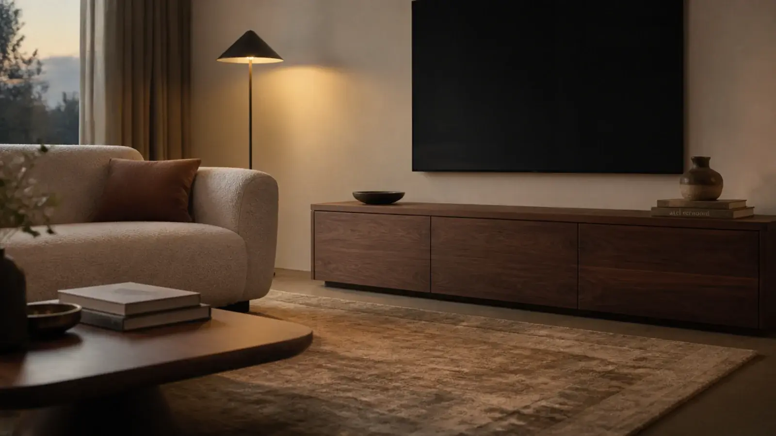 modern interior design living room with a low TV unit and layered lighting