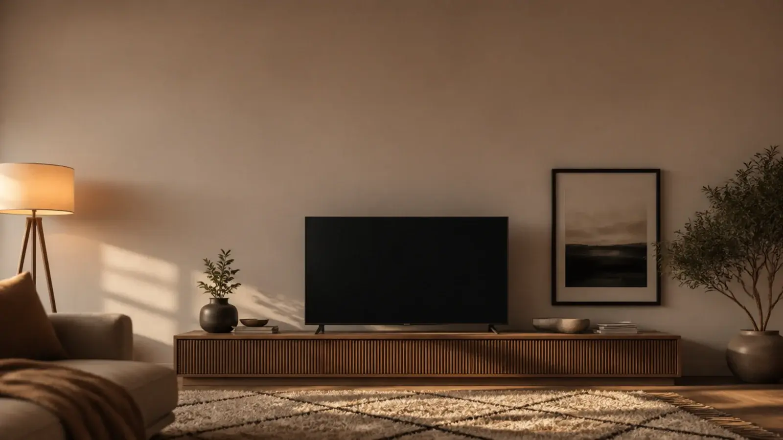 tall modern interior design view of a TV unit with rug and layered light