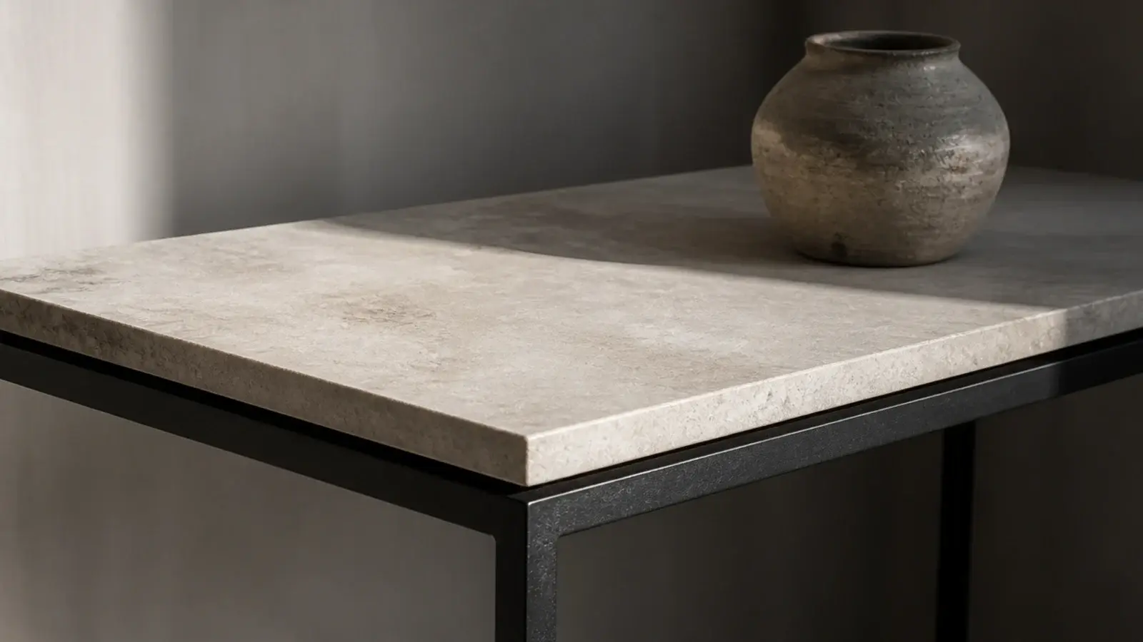 pale stone slab top resting on a fine black steel media base