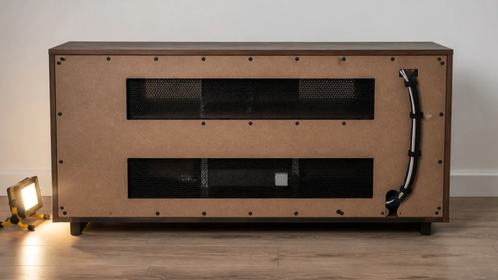 rear view of a cabinet back panel with cut vent openings and mesh